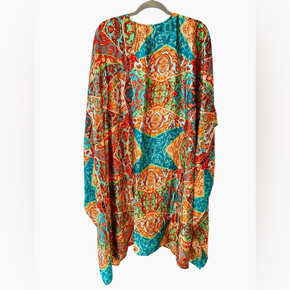 BooHoo Satin Midi Kimono Turquoise Print Duster Cover-Up Machine Washable Small - Picture 2 of 6